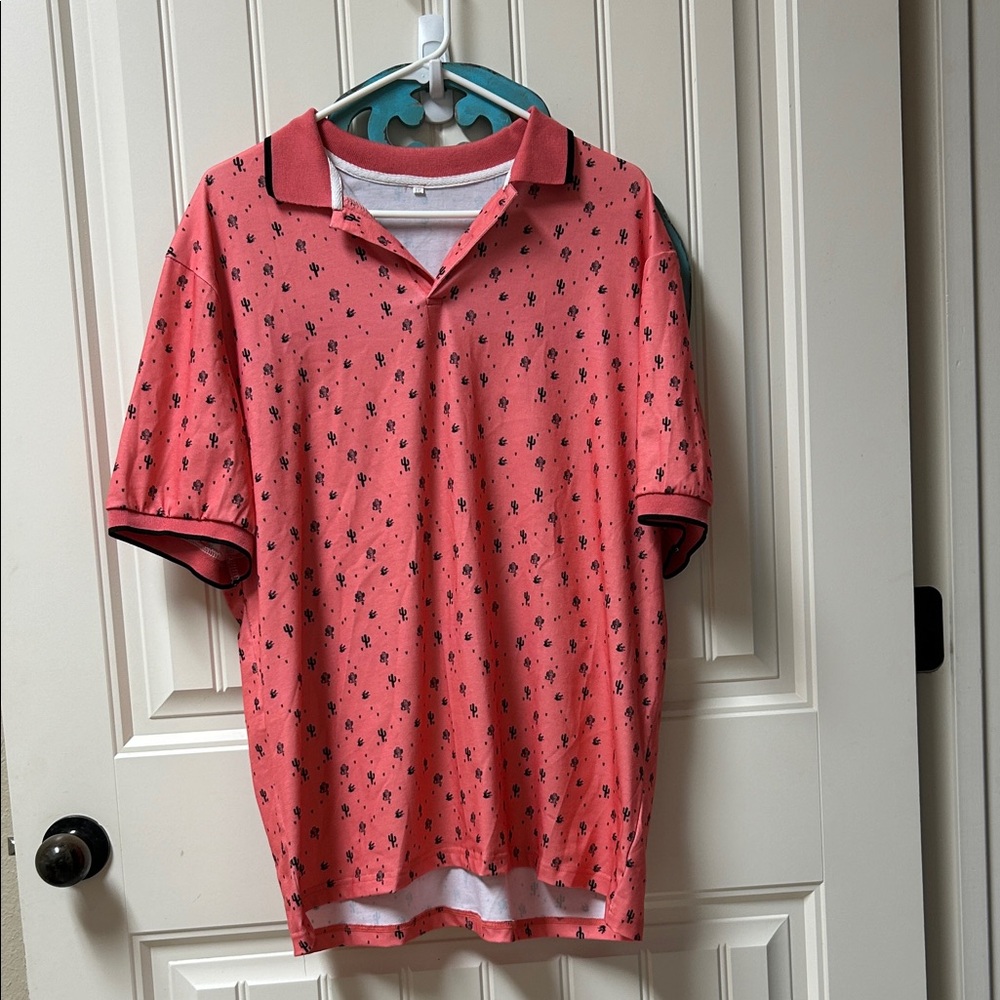 Amazon Coral Polo with Black Micro Cactus Print